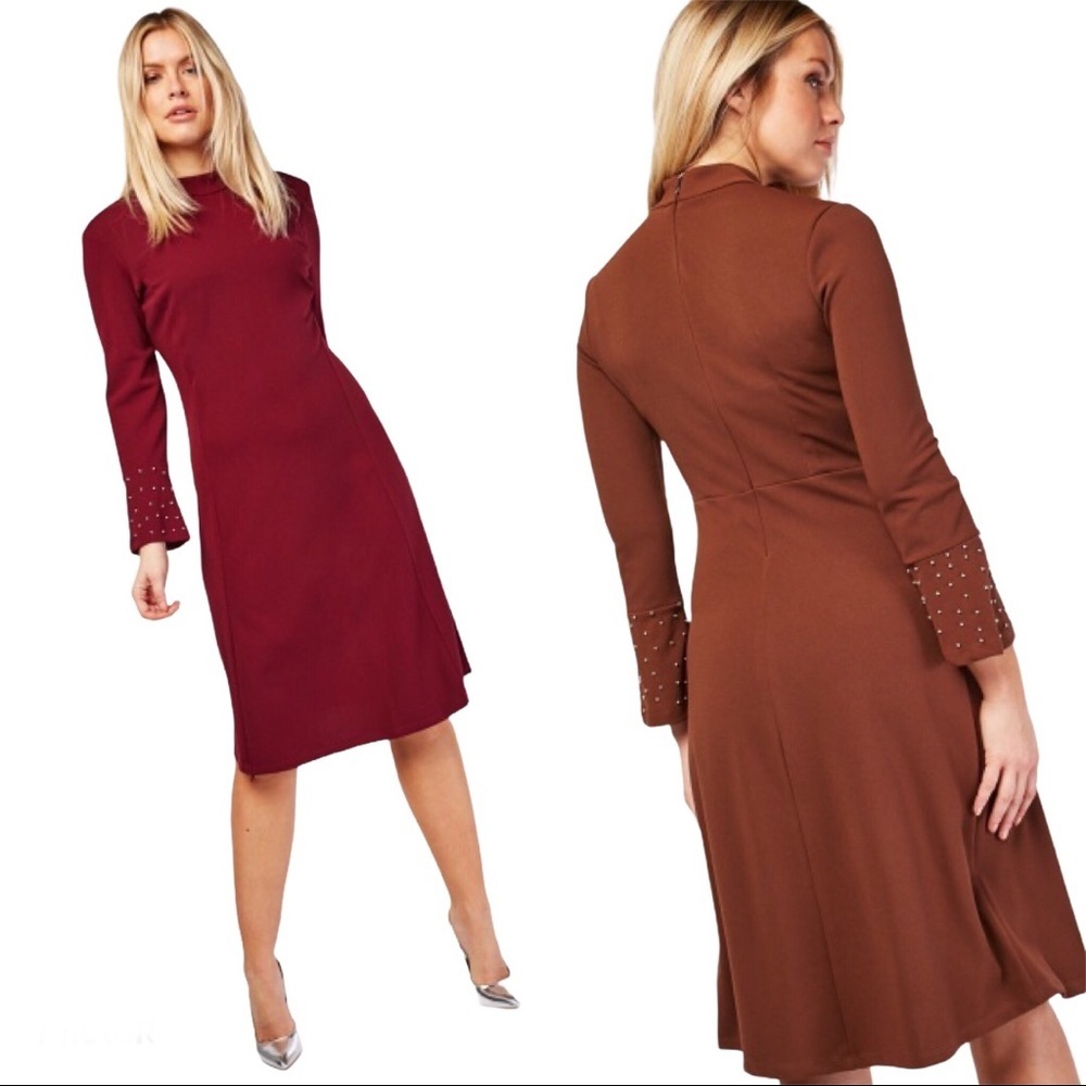 GDG Actuel Midi Dress With Encrusted Long Sleeves & Back Zip Maroon Red Small